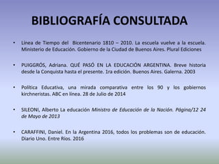 BIBLIOGRAFÍA CONSULTADA
• Línea de Tiempo del Bicentenario 1810 – 2010. La escuela vuelve a la escuela.
Ministerio de Educación. Gobierno de la Ciudad de Buenos Aires. Plural Ediciones
• PUIGGRÓS, Adriana. QUÉ PASÓ EN LA EDUCACIÓN ARGENTINA. Breve historia
desde la Conquista hasta el presente. 1ra edición. Buenos Aires. Galerna. 2003
• Política Educativa, una mirada comparativa entre los 90 y los gobiernos
kirchneristas. ABC en línea. 28 de Julio de 2014
• SILEONI, Alberto La educación Ministro de Educación de la Nación. Página/12 24
de Mayo de 2013
• CARAFFINI, Daniel. En la Argentina 2016, todos los problemas son de educación.
Diario Uno. Entre Ríos. 2016
 