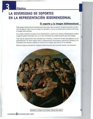 Plástica

LA DIVERSIDAD DE SOPORTES
EN LA REPRESENTACIÓN BIDIMENSIONAL
                                              El soporte y la imagen bidimensional
    Toda imagen bidimensional está plasmada sobre algún tipo de soporte. El soporte delimita una "por-
    ción de espacio" sobre el que la imagen se extiende y a la vez es sustento de la materia con la que
    la imagen está realizada.
    En su doble condición de espacio de la representación y sostén de la materia, representación, materia
    y soporte quedan imbricados uno con el otro, formando esa unidad resultante que es la imagen.
    Todo tipo de soportes han sido utilizados por el hombre, a través del tiempo, para plasmar sus re-
    presentaciones. En tanto espacio para la representación encontramos soportes de formatos y di-
    mensiones muy diversos, elegidos en función de la imagen que sobre él se ha realizado.
    Éstos son algunos ejemplos de imágenes bidimensionales que se puede mostrar a los alumnos.




                           Botticelli, La Virgen   de la Granada.   Pintura sobre tabla.
 