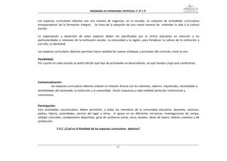 PROGRAMA DE EXPRESIONES ARTÍSTICAS 7°, 8° Y


Los espacios curriculares abiertos son una manera de organizar, en la escuela, un conjunto de actividades curriculares
enriquecedoras de la formación integral. Se trata de la adopción de una nueva manera de entender la vida y la cultura
escolar.

La organización y desarrollo de estos espacios deben ser planificados por el centro educativo en atención a las
particularidades e intereses de la institución escolar, la comunidad y la región, para fortalecer la cultura de la institución y
con ello, su identidad.

Los espacios curriculares abiertos permiten hacer realidad los nuevos enfoques y principios del currículo, como lo son:

Flexibilidad:
Por cuanto en cada escuela se podrá decidir qué tipo de actividades se desarrollarán, en qué tiempo y bajo qué condiciones.




Contextualización:
           Los espacios curriculares abiertos estarán en relación directa con los intereses, saberes, inquietudes, necesidades y
posibilidades del alumnado, la institución y la comunidad. Darán respuesta a cada realidad particular institucional y
comunitaria.


Participación:
Esta actividades cocurriculares deben permitirle, a todos los miembros de la comunidad educativa: docentes, alumnos,
padres, líderes, autoridades, vecinos del lugar y otros, el apoyo en las diferentes iniciativas: investigaciones de campo,
veladas culturales, campeonatos deportivos, giras de asistencia social, coros, bandas, obras de teatro, talleres creativos y de
producción.

              7.3.2. ¿Cuál es la finalidad de los espacios curriculares abiertos?
 