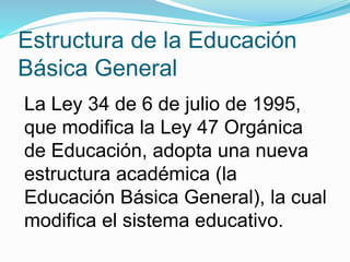 Estructura de la Educación 
Básica General 
La Ley 34 de 6 de julio de 1995, 
que modifica la Ley 47 Orgánica 
de Educación, adopta una nueva 
estructura académica (la 
Educación Básica General), la cual 
modifica el sistema educativo. 
 
