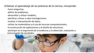 -Enfatizar el aprendizaje de las prácticas de la ciencia, incluyendo:
-hacer preguntas,
-definir de problemas;
-desarrollar y utilizar modelos;
-planificar y llevar a cabo investigaciones;
-analizar e interpretación de datos;
-utilizar las matemáticas y el uso de recursos computacionales;
-la construcción de explicaciones y el diseño de soluciones;
-participar en el argumento de la evidencia; y la obtención, evaluación y
comunicación de resultados.
 