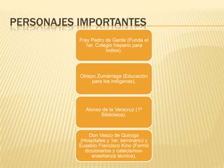 PERSONAJES IMPORTANTES
Fray Pedro de Gante (Funda el
1er. Colegio hispano para
indios).
Obispo Zumárraga (Educación
para los indígenas).
Alonso de la Veracruz (1ª
Biblioteca).
Don Vasco de Quiroga
(Hospitales y 1er. seminario) y
Eusebio Francisco Kino (Formó
diccionarios y catecismos-
enseñanza técnica).
 