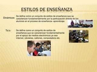 ESTILOS DE ENSEÑANZA
Se define como un conjunto de estilos de enseñanza que se

Dinámicos caracterizan fundamentalmente por la participación directa de los
alumnos en el proceso de enseñanza- aprendizaje.

Tic’s

Se define como un conjunto de estilos de
enseñanza que se caracterizan fundamentalmente
por el apoyo de medios electrónicos ya sea
internet, celulares, callones, computadora etc.

 