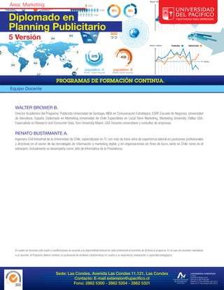 Diplomado en
Planning Publicitario
5 Versión




Equipo Docente



  WALTER BROWER B.
  Director Académico del Programa. Publicista Universidad de Santiago, MBA en Comunicación Estratégica, ESRP, Escuela de Negocios, Universidad
  de Barcelona, España. Diplomado en Marketing Universidad de Chile Especialista en Local Store Marketing, Marketing University, Dallas USA.
  Especialista en Research and Consumer Data, Yum University Miami, USA Docente universitario y consultor de empresas.

  RENATO BUSTAMANTE A.
  Ingeniero Civil Industrial de la Universidad de Chile, especializado en TI, con más de trece años de experiencia laboral en posiciones profesionales
  y directivas en el sector de las tecnologías de información y marketing digital, y en organizaciones sin fines de lucro, tanto en Chile como en el
  extranjero. Actualmente se desempeña como Jefe de Informática de la Presidencia.




  El cuadro de docentes está sujeto a modificaciones de acuerdo a la disponibilidad laboral de cada profesional al momento de dictarse el programa. En el caso de necesitar reemplazar
  a un docente, el Programa deberá nombrar un profesional de similares características en cuanto a su experiencia, preparación y capacidad pedagógica.




                                        Sede: Las Condes, Avenida Las Condes 11.121, Las Condes
                                                 Contacto: E-mail extension@upacifico.cl
                                                 Fono: 2862 5300 - 2862 5204 - 2862 5321
 