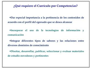 ¿Qué requiere el Currículo por Competencias? Dar especial importancia a la pertinencia de los contenidos de acuerdo con el perfil del egresado que se desea alcanzar Incorporar el uso de la tecnologías de información y comunicación Integrar diferentes tipos de saberes y las relaciones entre diversos dominios de conocimiento Diseñar, desarrollar, publicar, seleccionar y evaluar materiales de estudio novedosos y pertinentes 