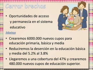 • Oportunidades de acceso
y permanecía en el sistema
educativo
• Crearemos 6000.000 nuevos cupos para
educación primaria, básica y media
• Reduciremos la deserción en la educación básica
y media del 5.2% al 3.8%
• Llegaremos a una cobertura del 47% y crearemos
480.000 nuevos cupos de educación superior.
 