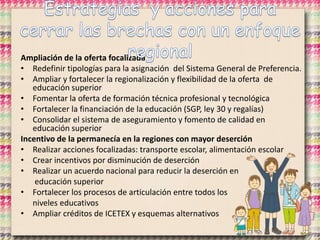 Ampliación de la oferta focalizada
• Redefinir tipologías para la asignación del Sistema General de Preferencia.
• Ampliar y fortalecer la regionalización y flexibilidad de la oferta de
educación superior
• Fomentar la oferta de formación técnica profesional y tecnológica
• Fortalecer la financiación de la educación (SGP, ley 30 y regalías)
• Consolidar el sistema de aseguramiento y fomento de calidad en
educación superior
Incentivo de la permanecía en la regiones con mayor deserción
• Realizar acciones focalizadas: transporte escolar, alimentación escolar
• Crear incentivos por disminución de deserción
• Realizar un acuerdo nacional para reducir la deserción en
educación superior
• Fortalecer los procesos de articulación entre todos los
niveles educativos
• Ampliar créditos de ICETEX y esquemas alternativos
 