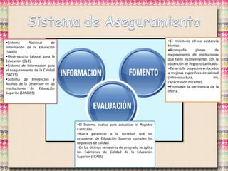 •Sistema Nacional de
Información de la Educación
(SNIES)
•Observatorio Laboral para la
Educación (OLE)
•Sistema de Información para
el Aseguramiento de la Calidad
(SACES)
•Sistema de Prevención y
Análisis de la Deserción en las
Instituciones de Educación
Superior (SPADIES)
•El Sistema evalúa para actualizar el Registro
Calificado
•Busca garantizar a la sociedad que los
programas de Educación Superior cumplen los
requisitos de calidad.
•En los últimos semestres de pregrado se aplica
los Exámenes de Calidad de la Educación
Superior (ECAES)
•El ministerio ofrece asistencia
técnica.
•Acompaña planes de
mejoramiento de instituciones
que tiene inconvenientes con la
obtención de Registro Calificado.
•Desarrolla proyectos enfocados
a mejoras específicas de calidad
(Infraestructura, Inv,
capacitación docente).
•Promueve la pertinencia de la
oferta.
 