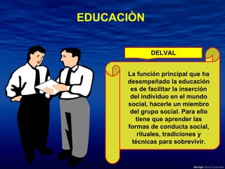 La función principal que ha desempeñado la educación es de facilitar la inserción del individuo en el mundo social, hacerle un miembro del grupo social. Para ello tiene que aprender las formas de conducta social, rituales, tradiciones y técnicas para sobrevivir. EDUCACIÒN DELVAL 