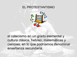 EL PROTESTANTISMO
el catecismo en un grado elemental y
cultura clásica, hebreo, matemáticas y
ciencias, en lo que podríamos denominar
enseñanza secundaria.
 