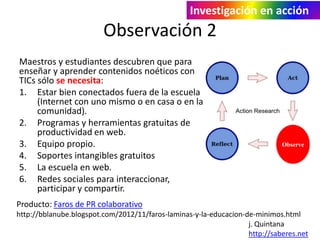 Investigación en acción

Observación 2
Maestros y estudiantes descubren que para
enseñar y aprender contenidos noéticos con
TICs sólo se necesita:
1. Estar bien conectados fuera de la escuela
(Internet con uno mismo o en casa o en la
comunidad).
2. Programas y herramientas gratuitas de
productividad en web.
3. Equipo propio.
4. Soportes intangibles gratuitos
5. La escuela en web.
6. Redes sociales para interaccionar,
participar y compartir.

Observe

Producto: Faros de PR colaborativo
http://bblanube.blogspot.com/2012/11/faros-laminas-y-la-educacion-de-minimos.html
j. Quintana
http://saberes.net

 