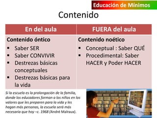 Educación de Mínimos

Contenido
En del aula
Contenido óntico
 Saber SER
 Saber CONVIVIR
 Destrezas básicas
conceptuales
 Destrezas básicas para
la vida

FUERA del aula
Contenido noético
 Conceptual : Saber QUÉ
 Procedimental: Saber
HACER y Poder HACER

Si la escuela es la prolongación de la familia,
donde los educadores forman a los niños en los
valores que les preparen para la vida y les
hagan más personas, la escuela será más
necesaria que hoy –c. 1968 (André Malraux).

 