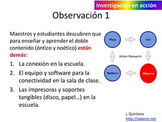 Investigación en acción

Observación 1
Maestros y estudiantes descubren que
para enseñar y aprender el doble
contenido (óntico y noético) están
demás:

1. La conexión en la escuela.
2. El equipo y software para la
conectividad en la sala de clase.
3. Las impresoras y soportes
tangibles (disco, papel…) en la
escuela.

Observe

j. Quintana
http://saberes.net

 
