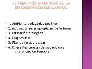    1.   Ambiente pedagógico positivo
   2.   Motivación para 'apropiarse' de la tarea
   3.   Educación 'dialogada'
  ...