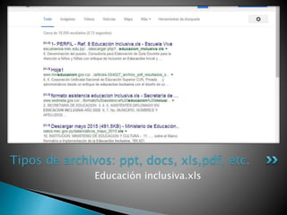 Educación inclusiva.xls
Tipos de archivos: ppt, docs, xls,pdf, etc.
 