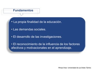 Fundamentos


• La propia finalidad de la educación.

• Las demandas sociales.

• El desarrollo de las investigaciones.

• El reconocimiento de la influencia de los factores
afectivos y motivacionales en el aprendizaje.




                                    Mireya Vivas –Universidad de Los Andes Táchira
 