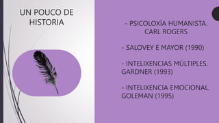 - PSICOLOXÍA HUMANISTA.
CARL ROGERS
- SALOVEY E MAYOR (1990)
- INTELIXENCIAS MÚLTIPLES.
GARDNER (1993)
- INTELIXENCIA EMOCIONAL.
GOLEMAN (1995)
UN POUCO DE
HISTORIA
 