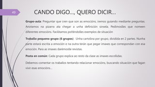 CANDO DIGO…, QUERO DICIR…
Grupo-aula: Preguntar que cren que son as emocións, iremos guiando mediante preguntas.
Anotamos na pizarra ata chegar a unha definición sinxela. Pedímoslles que nomeen
diferentes emocións. Facilitamos poñéndolles exemplos de situación
Traballo pequeno grupo (6 grupos): Unha cartolina por grupo, dividida en 2 partes. Nunha
parte estará escrita a emoción e na outra terán que pegar imaxes que correspondan con esa
emoción. Para as imaxes darémoslle revistas.
Posta en común: Cada grupo explica ao resto da clase as imaxes escollidas.
Debemos comentar os traballos tentando relacionar emocións, buscando situación que fagan
vivir esas emocións…
49
 