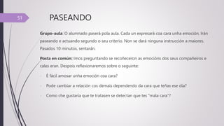 PASEANDO
Grupo-aula: O alumnado paserá pola aula. Cada un expresará coa cara unha emoción. Irán
paseando e actuando segundo o seu criterio. Non se dará ninguna instrucción a maiores.
Pasados 10 minutos, sentarán.
Posta en común: Imos preguntando se recoñeceron as emocións dos seus compañeiros e
cales eran. Despois reflexionaremos sobre o seguinte:
- É fácil amosar unha emoción coa cara?
- Pode cambiar a relación cos demais dependendo da cara que teñas ese día?
- Como che gustaría que te tratasen se detectan que tes “mala cara”?
51
 