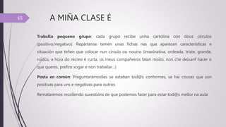 A MIÑA CLASE É
Traballo pequeno grupo: cada grupo recibe unha cartolina con dous círculos
(positivo/negativo). Repártense tamén unas fichas nas que aparecen características e
situación que teñen que colocar nun círsulo ou noutro (imaxinativa, ordeada, triste, grande,
ruidos, a hora do recreo é curta, os meus compañeiros falan moito, non che deixanf hacer o
que queres, prefiro xogar e non traballar…)
Posta en común: Preguntarámoslles se estaban tod@s conformes, se hai cousas que son
positivas para uns e negativas para outros.
Remataremos recollendo suxestións de que podemos facer para estar tod@s mellor na aula
65
 