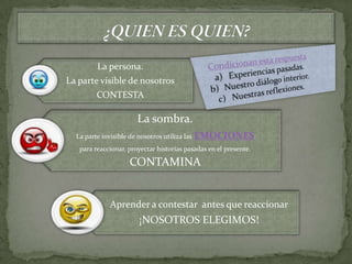 La persona.
La parte visible de nosotros
         CONTESTA

                        La sombra.
  La parte invisible de nosotros utiliza las   EMOCIONES
   para reaccionar, proyectar historias pasadas en el presente.

                     CONTAMINA


              Aprender a contestar antes que reaccionar
                        ¡NOSOTROS ELEGIMOS!
 