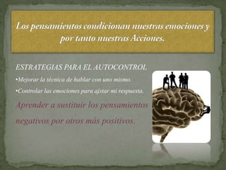 ESTRATEGIAS PARA EL AUTOCONTROL
•Mejorar la técnica de hablar con uno mismo.
•Controlar las emociones para ajstar mi respuesta.

Aprender a sustituir los pensamientos
negativos por otros más positivos.
 