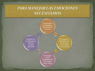 Comprender
                 los orígenes
                íntimos de la
                   emoción




 Expresar los                    Ser capaz de
sentimientos                    identificar las
   de una                         emociones
   manera                       cuando salen
  saludable                     a la superficie




                 Estrategias
                    para
                mantener las
                 emociones
                bajo control
 