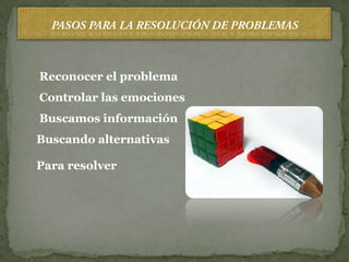 Reconocer el problema
Controlar las emociones
Buscamos información
Buscando alternativas

Para resolver
 