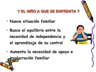 Y EL NIÑO A QUE SE ENFRENTA ?

• Nueva situación familiar

• Busca el equilibrio entre la
 necesidad de independencia y
 el aprendizaje de su control

• Aumenta la necesidad de apoyo e
 involucración familiar
 