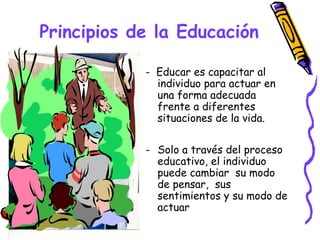 Principios de la Educación

            - Educar es capacitar al
              individuo para actuar en
              una forma adecuada
              frente a diferentes
              situaciones de la vida.

            - Solo a través del proceso
              educativo, el individuo
              puede cambiar su modo
              de pensar, sus
              sentimientos y su modo de
              actuar
 