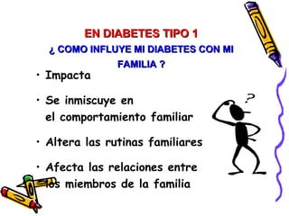 EN DIABETES TIPO 1
  ¿ COMO INFLUYE MI DIABETES CON MI
               FAMILIA ?
• Impacta

• Se inmiscuye en
  el comportamiento familiar

• Altera las rutinas familiares

• Afecta las relaciones entre
  los miembros de la familia
 