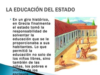    En un giro histórico,
    en Grecia finalmente
    el estado tomó la
    responsabilidad de
    solventar la
    educación que se le
    proporcionaba a sus
    habitantes. Lo que
    permitió la
    educación no solo de
    los niños libres, sino
    también de las
    niñas, los pobres e
    incluso de los
 