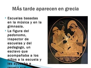    Escuelas basadas
    en la música y en la
    gimnasia.
   La figura del
    pedonomo,
    inspector de
    escuelas y del
    pedagogo, un
    esclavo que
    acompañaba a los
    niños a la escuela y
    les ayudaba a
 