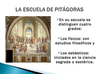  En su escuela se
  distinguen cuatro
        grados:

   Losfísicos: con
estudios filosóficos y

   Los sebásticos:
iniciados en la ciencia
 sagrada o esotérica.
 