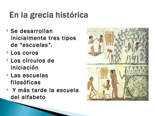    Se desarrollan
    inicialmente tres tipos
    de “escuelas”.
   Los coros
   Los círculos de
    iniciación
   Las escuelas
    filosóficas
    Y más tarde la escuela
    del alfabeto
 