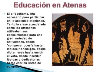    El alfabetismo, era
    necesario para participar
    en la sociedad ateniense.
    Tanto la clase acaudalada
    como los artesanos
    utilizaban sus
    conocimientos para una
    gran variedad de
    actividades, desde
    "componer poesía hasta
    maldecir enemigos, desde
    dictar leyes hasta emitir
    el voto, desde inscribir
    lápidas o dedicatorias
    hasta escribir listas de
    compras".
 
