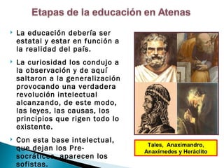   La educación debería ser
    estatal y estar en función a
    la realidad del país.
   La curiosidad los condujo a
    la observación y de aquí
    saltaron a la generalización
    provocando una verdadera
    revolución intelectual
    alcanzando, de este modo,
    las leyes, las causas, los
    principios que rigen todo lo
    existente.
   Con esta base intelectual,
                                    Tales, Anaximandro,
    que dejan los Pre-             Anaxímedes y Heráclito
    socráticos, aparecen los
    sofistas.
 