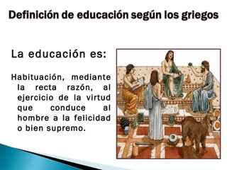 La educación es:
Habituación, mediante
 la recta razón, al
 ejercicio de la virtud
 que     conduce      al
 hombre a la felicidad
 o bien supremo.
 