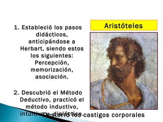 1. Estableció los pasos      Aristóteles
        didácticos,
     anticipándose a
  Herbart, siendo estos
      los siguientes:
        Percepción,
      memorización,
        asociación.

2. Descubrió el Método
  Deductivo, practicó el
    método inductivo,
  intuitivoDesterró los castigos corporales
            y dialéctico.
 