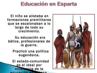 El niño se alistaba en
formaciones premilitares
que se escalonaban a lo
     largo de todo su
       crecimiento.
    Su educación era
bélica, profesionales de
        la guerra.
  Practicó una política
     eugenésica.
  El estado-comunidad
     es el ideal por
   excelencia de la
 