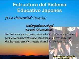 29La Universidad (Daigaku)Undergraduate schoolGraduate schoolResearch studentAudit student, credit-course studentEstructura del Sistema Educativo Japonés