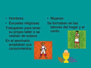 Hombres: Escuelas religiosas Trabajaban para tener su propio taller o se vestían de sotana En el seminario ampliaban sus conocimientos Mujeres: Se formaban en las labores del hogar y el canto. 