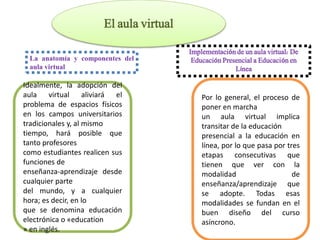 La anatomía y componentes del 
aula virtual 
Idealmente, la adopción del 
aula virtual aliviará el 
problema de espacios físicos 
en los campos universitarios 
tradicionales y, al mismo 
tiempo, hará posible que 
tanto profesores 
como estudiantes realicen sus 
funciones de 
enseñanza-aprendizaje desde 
cualquier parte 
del mundo, y a cualquier 
hora; es decir, en lo 
que se denomina educación 
electrónica o «education 
» en inglés. 
Implementación de un aula virtual: De 
Educación Presencial a Educación en 
Línea 
Por lo general, el proceso de 
poner en marcha 
un aula virtual implica 
transitar de la educación 
presencial a la educación en 
línea, por lo que pasa por tres 
etapas consecutivas que 
tienen que ver con la 
modalidad de 
enseñanza/aprendizaje que 
se adopte. Todas esas 
modalidades se fundan en el 
buen diseño del curso 
asíncrono. 
El aula virtual 
 