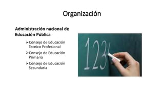 Organización
Consejo de Educación
Tecnico Profesional
Consejo de Educación
Primaria
Consejo de Educación
Secundaria
Administración nacional de
Educación Pública
 