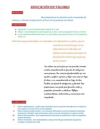 EDUCACIÓN EN VALORES
DEFINICION
Recientemente se ha discutido mucho la necesidad de
reforzar o reformar la educación en el Perú a fin de promover los valores.

COMPONENTES
Cognoscitivo : lo que el estudiante piensa respecto de un valor
Afectivo : cómo el estudiante se siente respecto de un valor, si tiene una disposición a favor o en contra
lo que el estudiante efectivamente hace en su vida cotidiana, que puede tener que ver con lo quepiensa y
siente o no.

Estos tres componentes deben ser incluidos en la educación en valores, pues a
menudo se encuentra que no son
coherentes en el individuo (el
objetivo sería justamente lograr la
conciliación entre lo que se piensa,
siente y hace)

Los valores son principios que nos permiten orientar
nuestro comportamiento en función de realizarnos
como personas. Son creencias fundamentales que nos
ayudan a preferir, apreciar y elegir unas cosas en lugar
de otras, o un comportamiento en lugar de otro.
También son fuente de satisfacción y plenitud. Nos
proporcionan una pauta para formular metas y
propósitos, personales o colectivos. Reflejan
nuestrosintereses, sentimientos y convicciones más
importantes.
CLASIFICACION
I.
II.
III.
IV.

Valores infrahumanos.- perfeccionan al hombre, pero en aspectos más inferiores, en aspectos
que comparte con otros seres, con los animales
Valores humanos infra morales.- son exclusivos del hombre, ya no los alcanzan los animales,
únicamente el hombre. Aquí encontramos valores como los económicos, la riqueza, el éxito.
Valores Instrumentales.- Son comportamientos alternativos mediante los cuales conseguimos
los fines deseados.
Valores Terminales.- Son estados finales o metas en la vida que al individuo le gustaría
conseguir a lo largo de su vida.

 