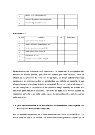 24.
Muestra la casa que no tiene puerta.
25.
Selecciona lámina donde hay mayor cantidad.
26.
Selecciona el grupo que tiene menos.
FUNCIÓN SIMBÓLICA
Nº ÍTEM CONDUCTA PJE. OBSERVACIÓN
27.
Aparea número con su grupo (1-5).
28.
Nombra que número viene después (1-10).
29.
Nombra que número está antes (1-10).
30.
Aparea número con su grupo (5-9).
31.
Dice números del 1-20.
32.
Selecciona número que indica más (1-9).
De esta manera se obtiene un perfil determinando la proporción de puntaje obtenido,
respecto al máximo posible, que cada niño obtiene por cada habilidad. Para los
efectos de la aplicación de cada uno de los ítems, se deben elaborar materiales
apropiados, los mismos pueden ser construidos con material de desecho, lo que
abarata bastante el costo de la batería en general. Todos los objetos utilizados son
de fácil manipulación para los niños, no presentan riesgo alguno y los colores son
atractivos para motivar al estudiante. Por último se debe tener muy en cuenta las
reacciones particulares de cada sujeto, ya que las conductas deben ser observarlas
detenidamente.
7.8. ¿Por qué considerar a los Estudiantes Sobresalientes como sujetos con
Necesidades Educativas Especiales?
Las necesidades educativas especiales tienen que ver con la incompatibilidad que
existe entre las formas de enseñar, los recursos ordinarios puestos a disposición de
 