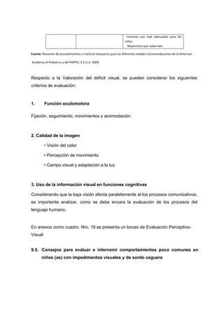 números son más adecuados para los
niños
Mayorcitos que saben leer.
Fuente: Resumen de procedimientos y material necesarios para las diferentes edades (recomendaciones de la American
Academy of Pediatrics y del PAPPS). E.E.U.U. 2004.
Respecto a la Valoración del déficit visual, se pueden considerar los siguientes
criterios de evaluación:
1. Función oculomotora
Fijación, seguimiento, movimientos y acomodación.
2. Calidad de la imagen
• Visión del color
• Percepción de movimiento
• Campo visual y adaptación a la luz
3. Uso de la información visual en funciones cognitivas
Considerando que la baja visión afecta paralelamente al los procesos comunicativos,
es importante analizar, como se debe encara la evaluación de los procesos del
lenguaje humano.
En anexos como cuadro. Nro. 19 se presenta un boceo de Evaluación Perceptivo-
Visual
9.5. Consejos para evaluar e intervenir comportamientos poco comunes en
niños (as) con impedimentos visuales y de sordo ceguera
 