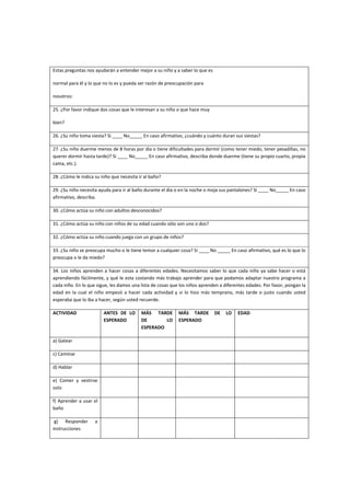 Estas preguntas nos ayudarán a entender mejor a su niño y a saber lo que es
normal para él y lo que no lo es y pueda ser razón de preocupación para
nosotros:
25. ¿Por favor indique dos cosas que le interesan a su niño o que hace muy
bien?
26. ¿Su niño toma siesta? Si ____ No_____ En caso afirmativo, ¿cuándo y cuánto duran sus siestas?
27. ¿Su niño duerme menos de 8 horas por día o tiene dificultades para dormir (como tener miedo, tener pesadillas, no
querer dormir hasta tarde)? Si ____ No_____ En caso afirmativo, describa donde duerme (tiene su propio cuarto, propia
cama, etc.).
28. ¿Cómo le indica su niño que necesita ir al baño?
29. ¿Su niño necesita ayuda para ir al baño durante el día o en la noche o moja sus pantalones? Si ____ No_____ En caso
afirmativo, describa.
30. ¿Cómo actúa su niño con adultos desconocidos?
31. ¿Cómo actúa su niño con niños de su edad cuando sólo son uno o dos?
32. ¿Cómo actúa su niño cuando juega con un grupo de niños?
33. ¿Su niño se preocupa mucho o le tiene temor a cualquier cosa? Si ____ No _____ En caso afirmativo, qué es lo que lo
preocupa o le da miedo?
34. Los niños aprenden a hacer cosas a diferentes edades. Necesitamos saber lo que cada niño ya sabe hacer o está
aprendiendo fácilmente, y qué le esta costando más trabajo aprender para que podamos adaptar nuestro programa a
cada niño. En lo que sigue, les damos una lista de cosas que los niños aprenden a diferentes edades. Por favor, pongan la
edad en la cual el niño empezó a hacer cada actividad y si lo hizo más temprano, más tarde o justo cuando usted
esperaba que lo iba a hacer, según usted recuerde.
ACTIVIDAD ANTES DE LO
ESPERADO
MÁS TARDE
DE LO
ESPERADO
MÁS TARDE DE LO
ESPERADO
EDAD
a) Gatear
c) Caminar
d) Hablar
e) Comer y vestirse
solo
f) Aprender a usar el
baño
g) Responder a
instrucciones
 