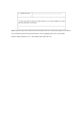 8. guardar turno, etc.). _________________________________________________
* Si tiene otros datos de interés que desea comentar y no se hayan recogido en los ítems
anteriores, descríbelos a continuación:
______________________________________________________________________________
_
Fuente: Adaptación propia sobre los planteamientos de Domínguez Giralt Arturo. Desarrollo del Lenguaje. Foro Pediátrico. I
V Foro de Pediatría de Atención Primaria de Extremadura. Centro de Logopedia. Editor: Jaime J. Cuervo Valdés.
Impresión: Rayego. Suplemento 1. Vol. II – Abril, Badajoz, España. 2005. Pág. 72-73.
 