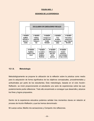 - 88 -
FIGURA NRO. 1
SESIONES DE LA EXPERIENCIA
15.1.9. Metodología
Metodológicamente se propone la utilización de la reflexión sobre la práctica como medio
para la adquisición de forma significativa de los objetivos conceptuales, procedimentales y
actitudinales por parte de los estudiantes. Esta metodología, basada en el ciclo Acción-
Reflexión, se inició proporcionando al estudiante una serie de experiencias sobre las que
posteriormente podía reflexionar. Todo ello encaminado a conseguir que desarrolle y alcance
los fines y logros propuestos.
Dentro de la experiencia educativa podemos señalar tres momentos claves en relación al
proceso de Acción-Reflexión y que los hemos denominado:
Mi cuerpo actúa, Medito mis sensaciones y Comparto mis reflexiones.
 